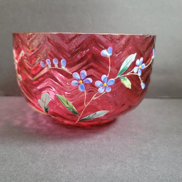Vintage Hand-Painted Cranberry Glass Bowl Handpainted Floral Design &Chevron Pat - Picture 2 of 13